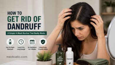 Woman checking visible dandruff on scalp with anti-dandruff shampoo routine tips