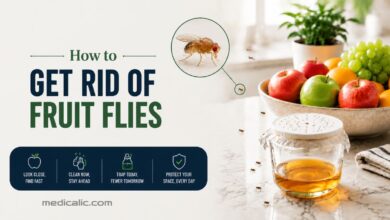 A visual guide on how to get rid of fruit flies, showing a DIY vinegar trap next to a fruit bowl on a kitchen counter.