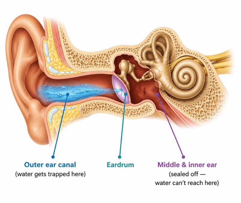 An outer ear anatomy infographic showing how water gets trapped in the outer canal and how the eardrum protects the middle and inner ear.