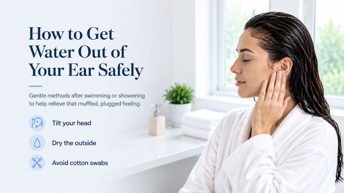 A woman with wet hair gently touching her ear to safely remove trapped water, with text highlighting methods like tilting the head and avoiding cotton swabs.