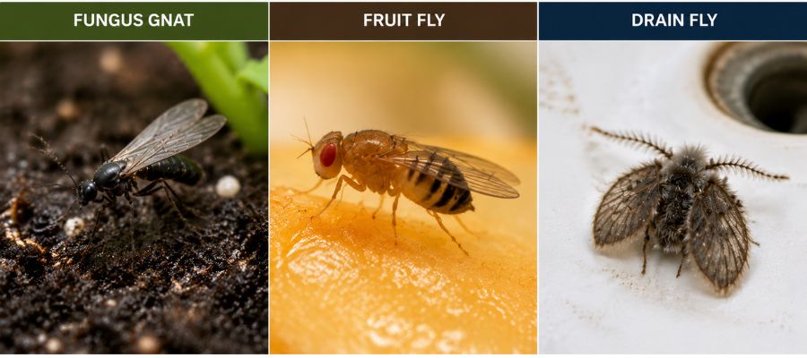 Fungus gnat, fruit fly, and drain fly identification comparison for home pest control