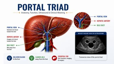 Portal triad anatomy showing the portal vein, hepatic artery, bile duct, and Mickey Mouse sign on ultrasound.