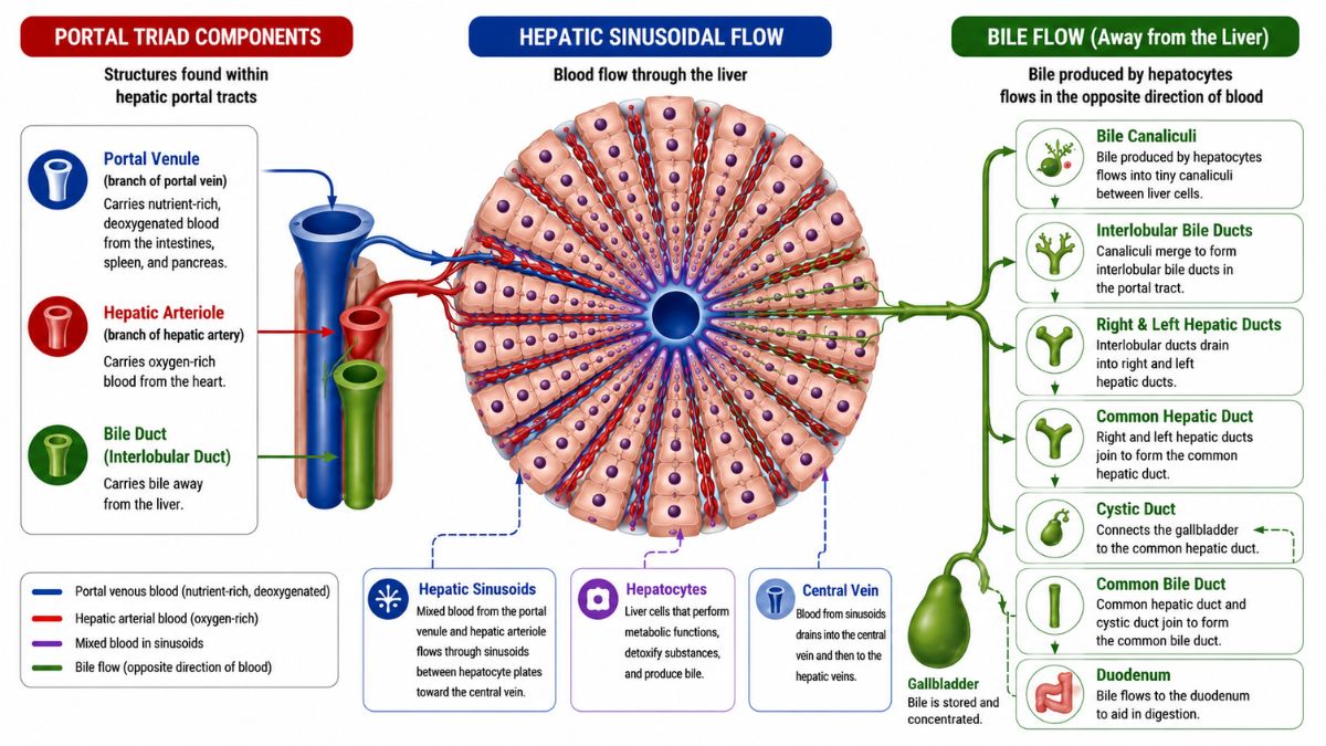 Portal triad diagram showing portal venous and hepatic arterial blood flowing through liver sinusoids toward the central vein, with bile flowing toward the bile ducts and duodenum.