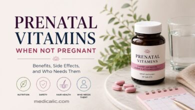 Illustration explaining prenatal vitamins when not pregnant, featuring a vitamin bottle, scattered pink pills, a glass of water, and icons for nutrition, safety, and hair health.