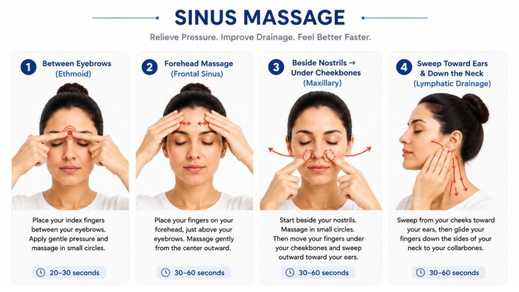 Four-step sinus pressure point massage technique for relieving sinus headache and facial pressure.