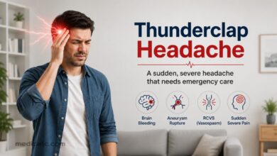 A man experiencing sudden severe pain representing a thunderclap headache, with icons showing causes like aneurysm rupture, brain bleeding, and RCVS.
