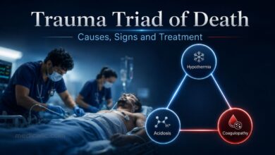 Emergency team treating a trauma patient beside a triangular diagram of hypothermia, acidosis, and coagulopathy.