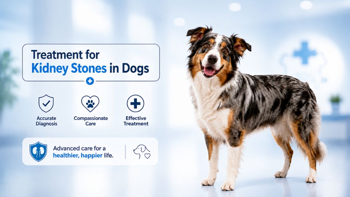 Treatment for kidney stones in dogs showing a healthy dog in a vet clinic