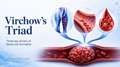 Virchow’s triad illustration showing venous stasis, endothelial injury, and hypercoagulability contributing to blood clot formation