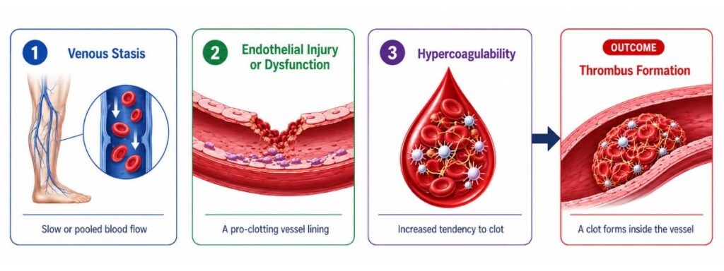 Virchow’s triad diagram showing venous stasis, endothelial injury or dysfunction, and hypercoagulability contributing to thrombus formation