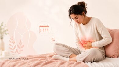 Woman with period cramps holding lower abdomen, showing vaginal and pelvic pain during menstruation