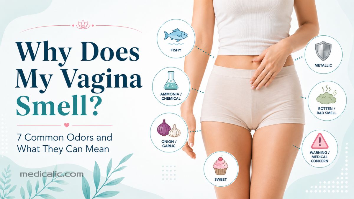 Why does my vagina smell infographic showing common vaginal odor types, including fishy, ammonia, onion, sweet, metallic, and warning signs