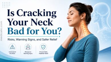 Woman touching her neck with a highlighted cervical spine, illustrating the risks and warning signs of neck cracking.