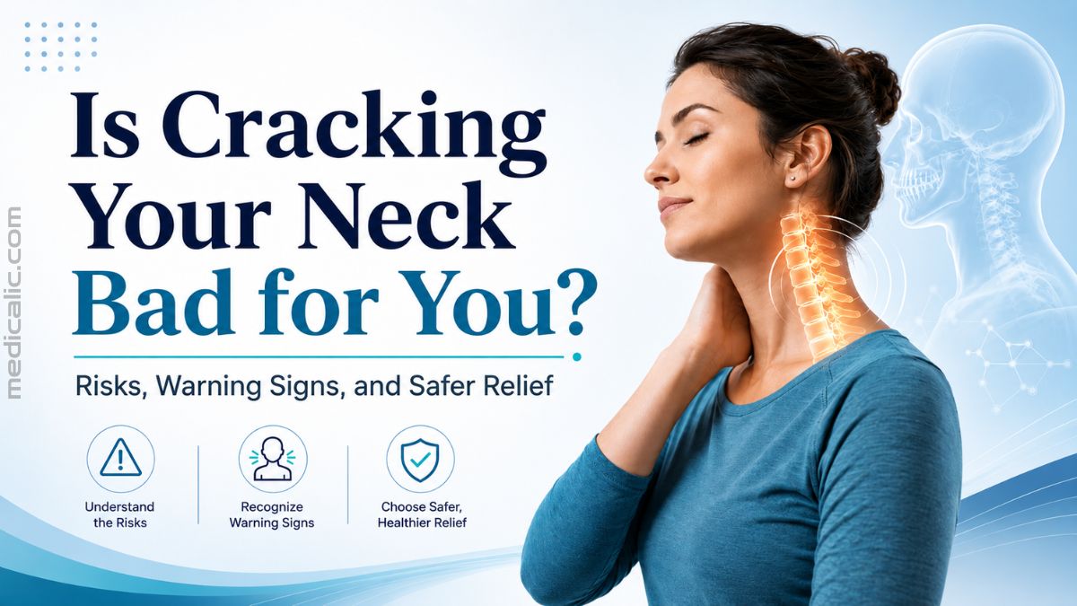Woman touching her neck with a highlighted cervical spine, illustrating the risks and warning signs of neck cracking.