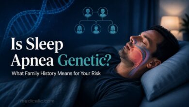 Sleeping man with airway illustration, DNA helix and family tree showing the genetic risk of sleep apnea