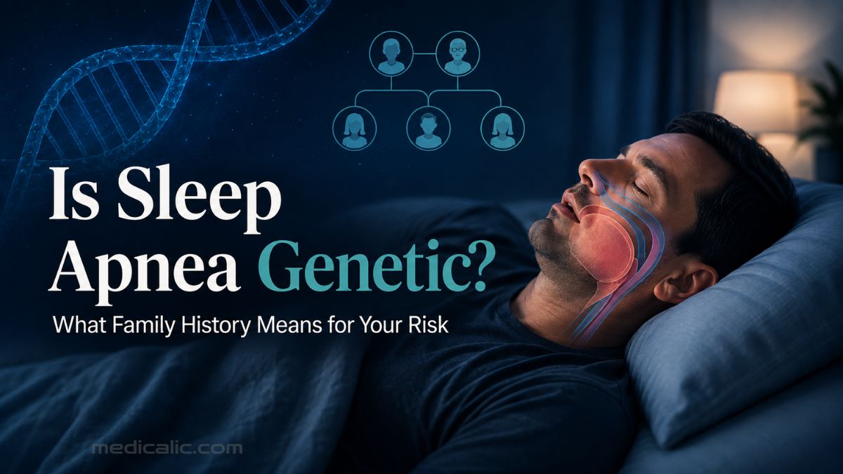 Sleeping man with airway illustration, DNA helix and family tree showing the genetic risk of sleep apnea