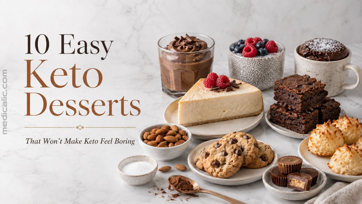 Assorted easy keto desserts including cheesecake, brownies, chocolate mousse, chia pudding, cookies, and coconut macaroons