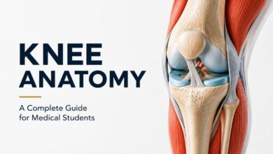 Detailed knee anatomy illustration showing bones, ligaments, menisci, muscles, and tendons