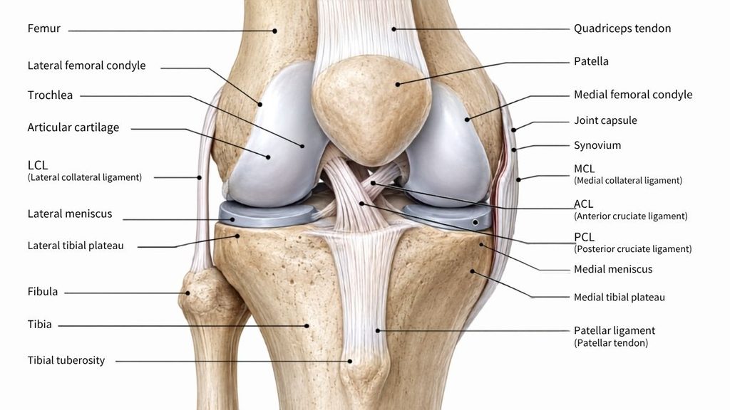 Labeled anterior knee anatomy showing bones, menisci, cartilage, ACL, PCL, MCL, LCL, quadriceps tendon, and patellar ligament.