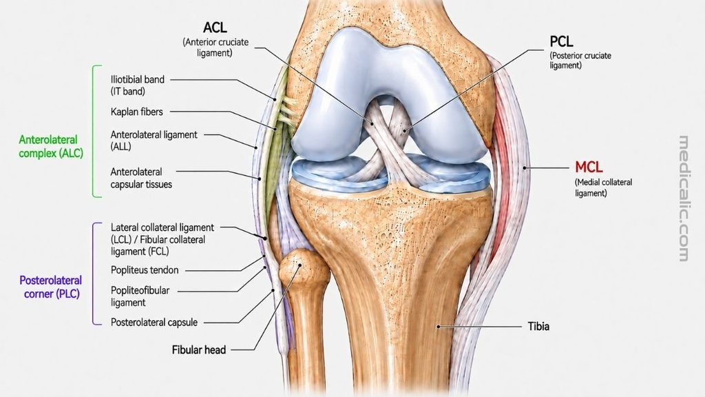 Anterior view of knee anatomy showing the anterolateral complex, posterolateral corner, ACL, PCL, MCL, LCL, popliteus tendon, and fibular head.