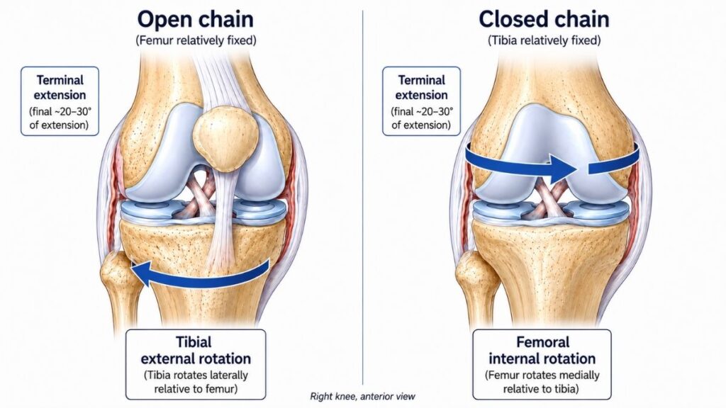 Open- and closed-chain screw-home mechanism of the knee showing tibial external rotation and femoral internal rotation during terminal extension.