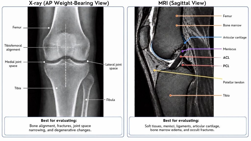 Knee X-ray and sagittal MRI showing bone alignment, joint spaces, meniscus, ACL, PCL, articular cartilage, and patellar tendon.