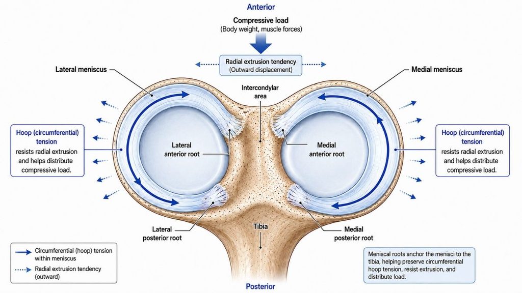 Top view of the medial and lateral menisci showing meniscal roots, radial extrusion, and circumferential hoop stress during compressive loading.