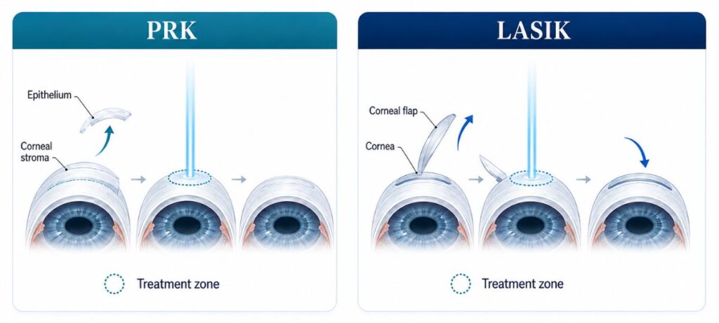 PRK vs LASIK corneal procedure diagram showing surface ablation in PRK and a corneal flap in LASIK