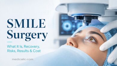 Patient undergoing SMILE eye surgery with laser vision correction equipment