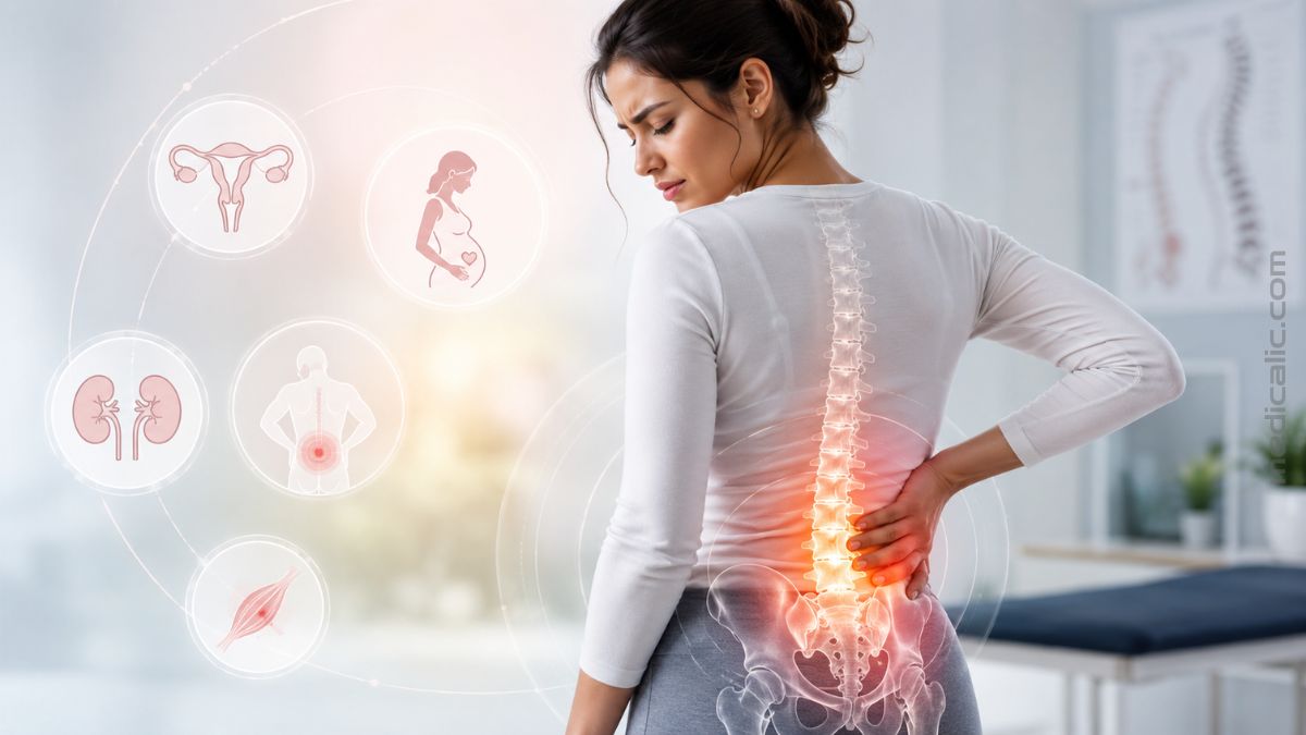Woman holding her lower back with a highlighted spine and icons showing common causes of lower back pain in females