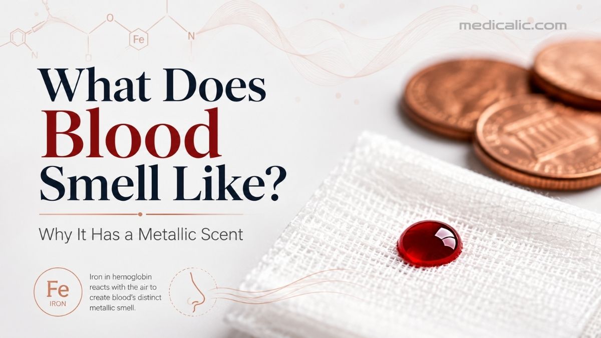 Blood droplet and copper coins illustrating what blood smells like and why it has a metallic scent
