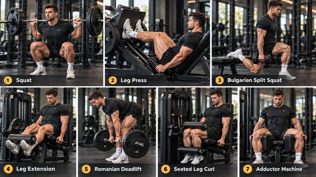 Collage showing squat, leg press, Bulgarian split squat, leg extension, Romanian deadlift, seated leg curl, and adductor machine exercises for bigger thighs.