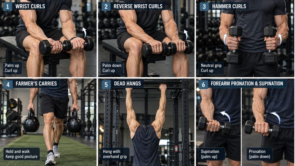 Six forearm exercises including wrist curls, reverse wrist curls, hammer curls, farmer’s carries, dead hangs, and pronation and supination