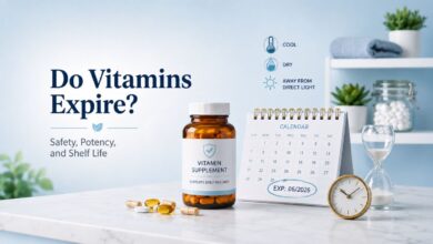 Vitamin supplement bottle beside a calendar showing an expiration date, illustrating vitamin shelf life and proper storage.