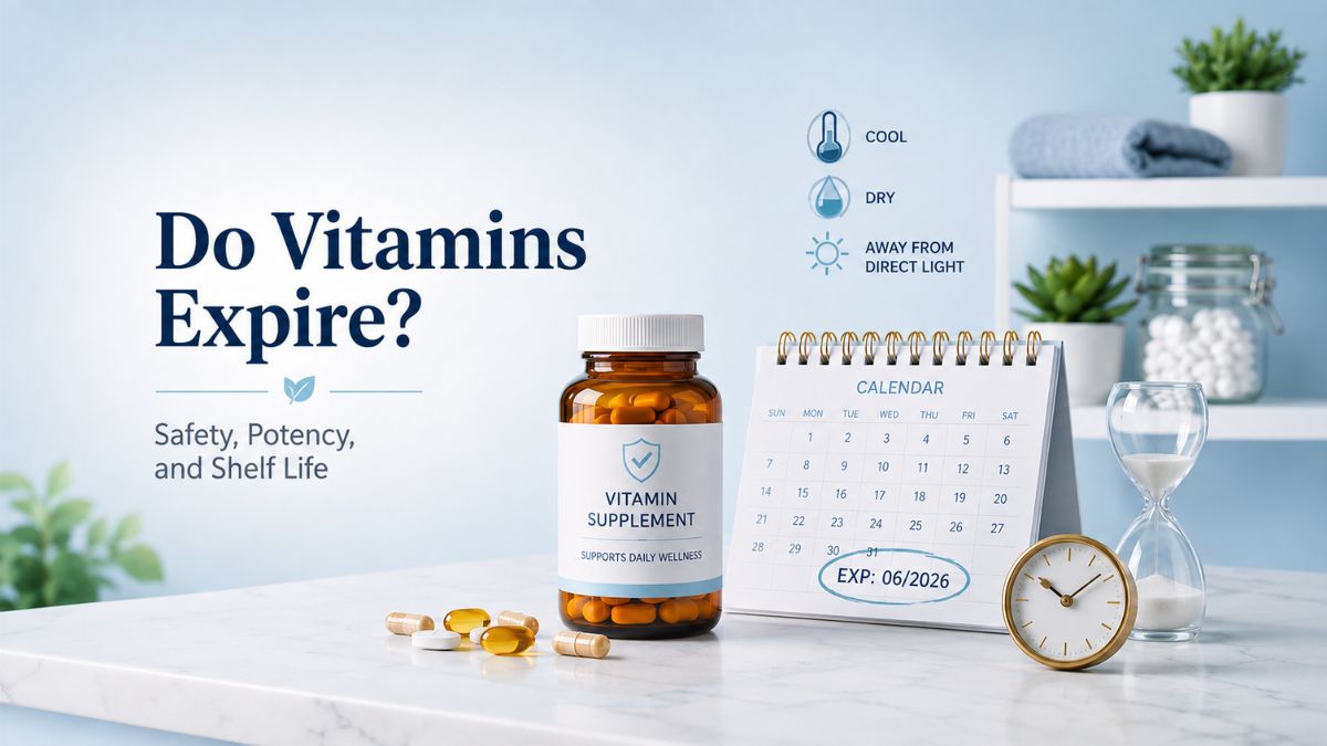 Vitamin supplement bottle beside a calendar showing an expiration date, illustrating vitamin shelf life and proper storage.
