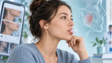 Woman chewing gum with a jaw muscle anatomy illustration and social media jawline images in the background.