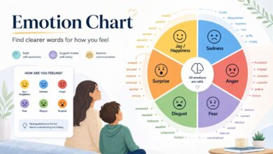 Emotion chart and feelings wheel with six core emotions and specific feeling words