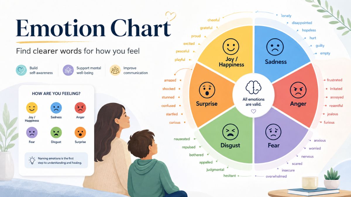 Emotion chart and feelings wheel with six core emotions and specific feeling words