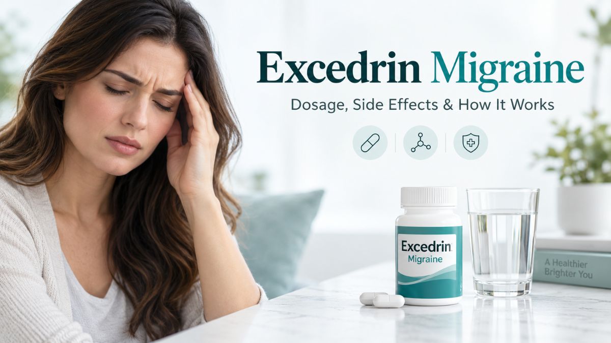 Woman with migraine holding her temple beside Excedrin Migraine and a glass of water