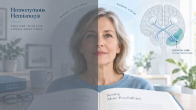 Woman with homonymous hemianopia showing half of the visual field missing, with an illustration of the brain’s visual pathway.