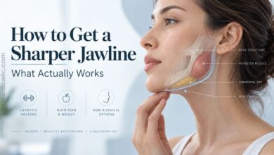 Woman in profile with jawline anatomy overlay showing bone structure, masseter muscle, submental fat, and skin contour for a sharper jawline guide.
