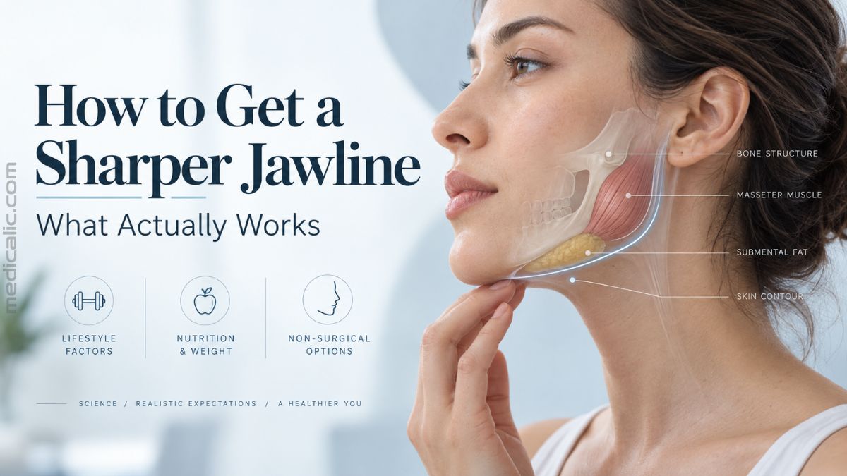 Woman in profile with jawline anatomy overlay showing bone structure, masseter muscle, submental fat, and skin contour for a sharper jawline guide.