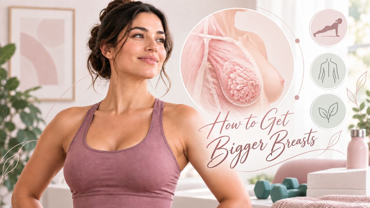 Breast anatomy illustration with a woman in sportswear for a guide on how to get bigger breasts.