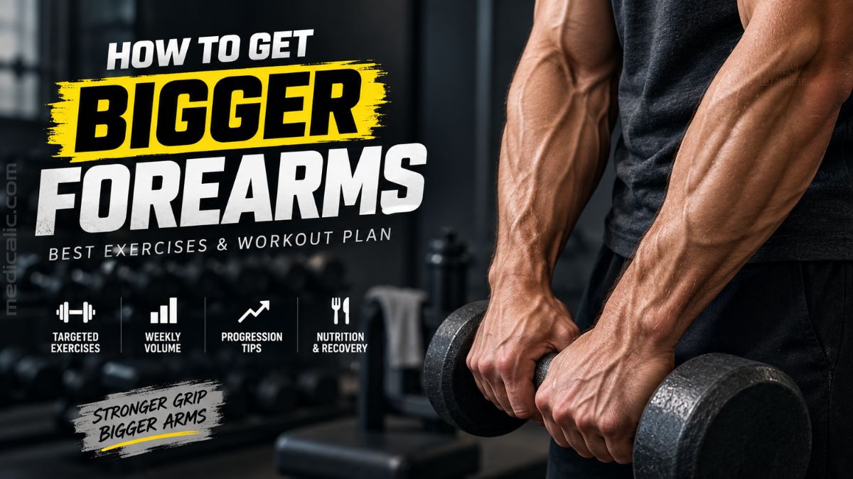 Muscular forearms holding dumbbells during a workout for building bigger forearms.