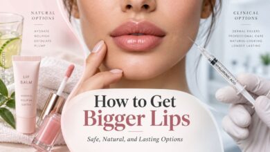 Woman with fuller lips beside lip balm, gloss, and a hyaluronic acid filler syringe