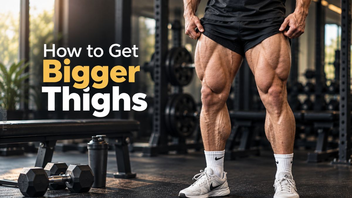 Muscular man with developed thighs standing in a gym beside the text “How to Get Bigger Thighs.”