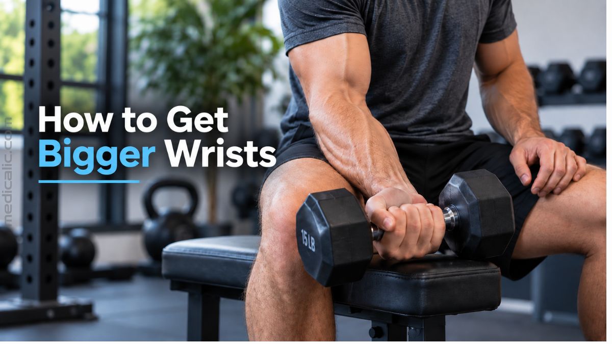 Man doing dumbbell wrist curls to strengthen the forearms and make the wrists look bigger