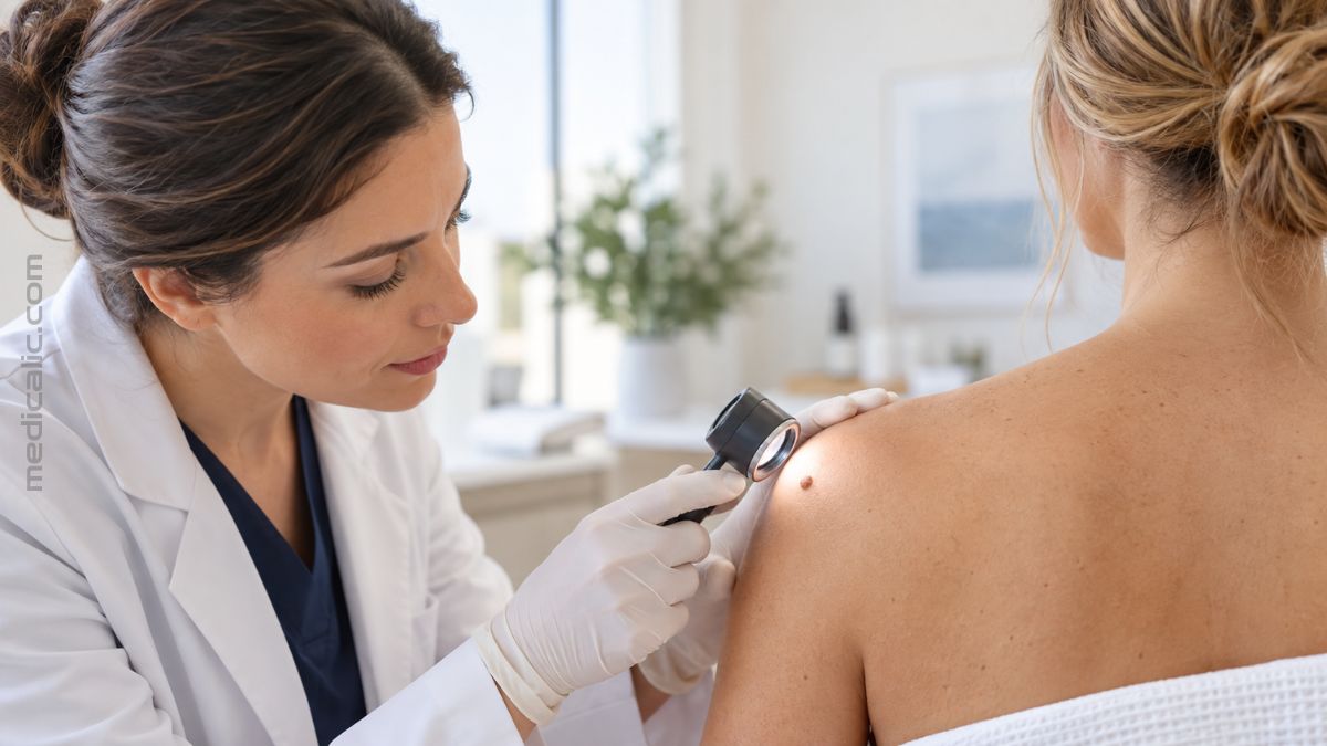 Dermatologist examining a mole on a woman’s shoulder with a dermatoscope before removal.