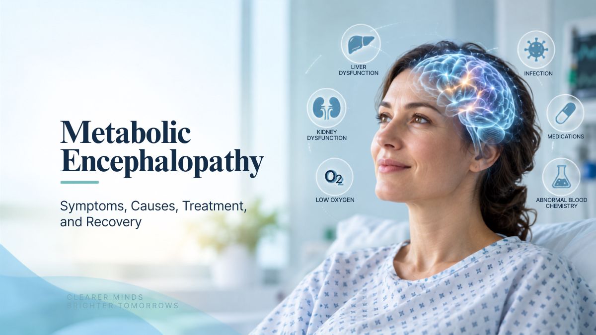 Metabolic encephalopathy illustration showing brain dysfunction linked to liver, kidney, oxygen, infection, medication, and blood chemistry problems.