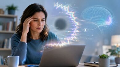 Woman experiencing ocular migraine visual aura with shimmering zigzag vision while using a laptop